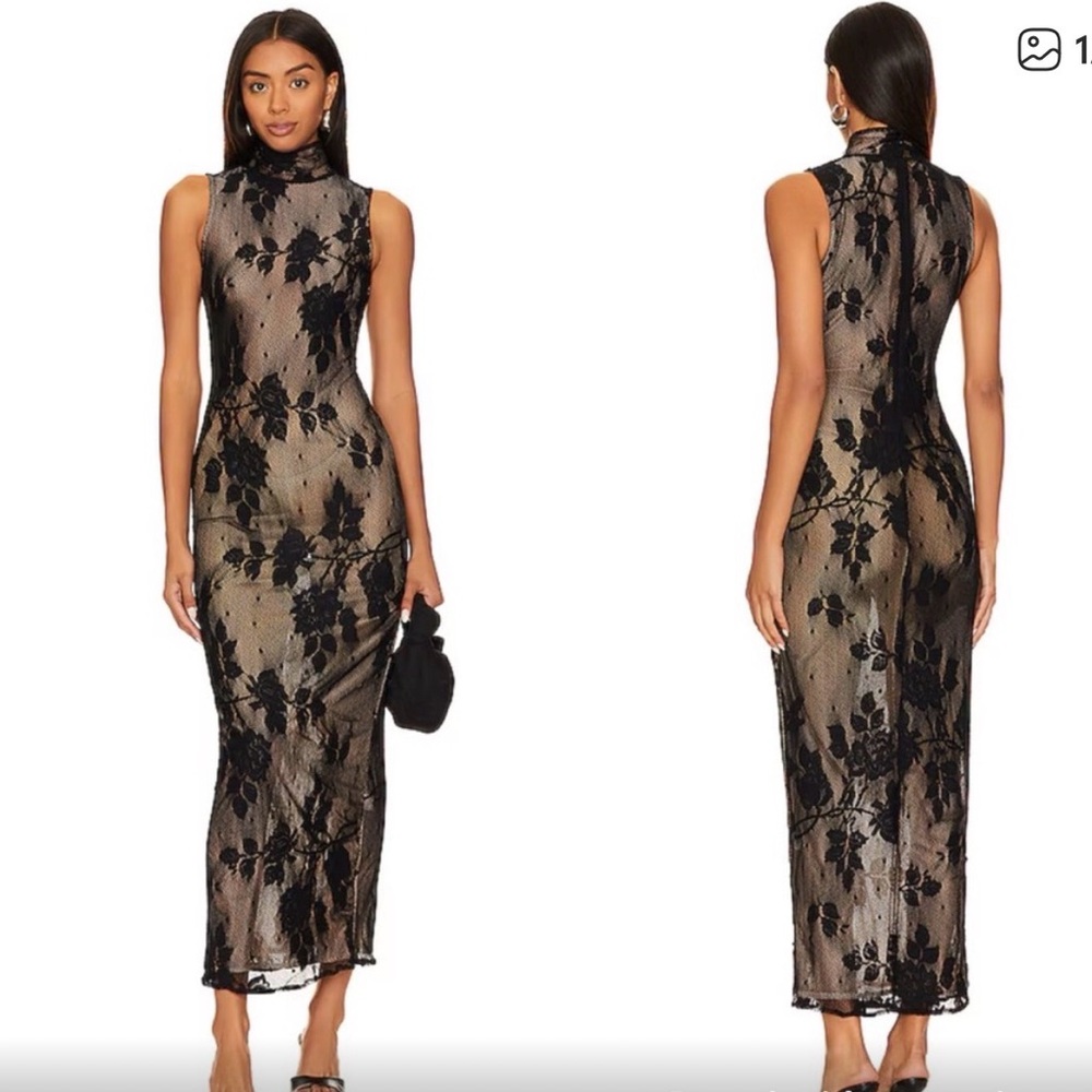NBD Chic Sheer Beige high neck Asian style lace dress NWT